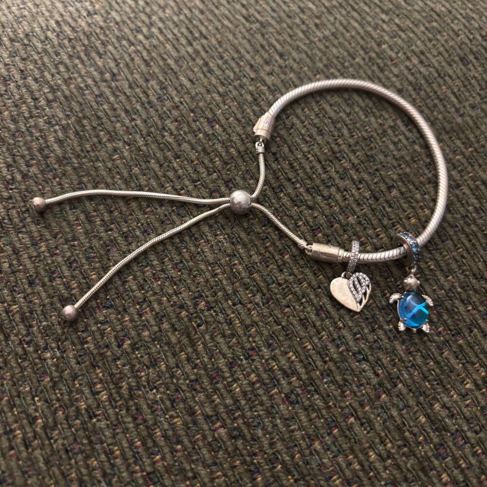 PANDORA Sterling Silver Adjustable Slider Bracelet Angel Wings Heart Sea Turtle